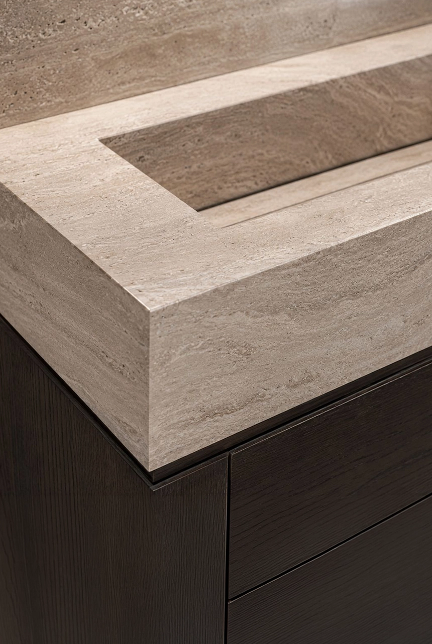 X4 Design and Build integrated stone basin detail with thick marble countertop, dark wood vanity, clean basin cutout, sharp edges, and premium bathroom fit-out finishing